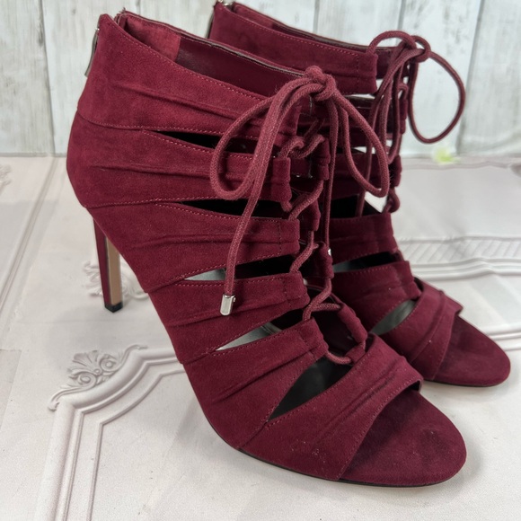 BCBGeneration Laced Up Tie Open Toe Burgundy Faux Suede Stiletto Bootie Boots 8 - Picture 12 of 16
